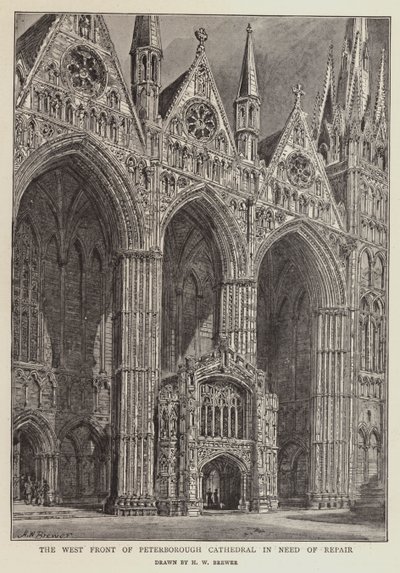 Die Westfassade der Kathedrale von Peterborough, reparaturbedürftig von Henry William Brewer